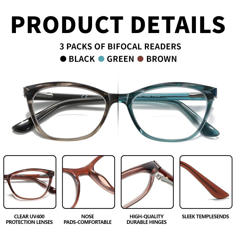 Kafirlo Bifocal Reading Glasses For Women Cat Eye Blue Light Protection Computer Reader Clear Top Ladies Anti Reflective Funky Fashion Travel Eyeglasses Large Head Spring Hinges Red Green 3 Pack 1.5 - Image 5